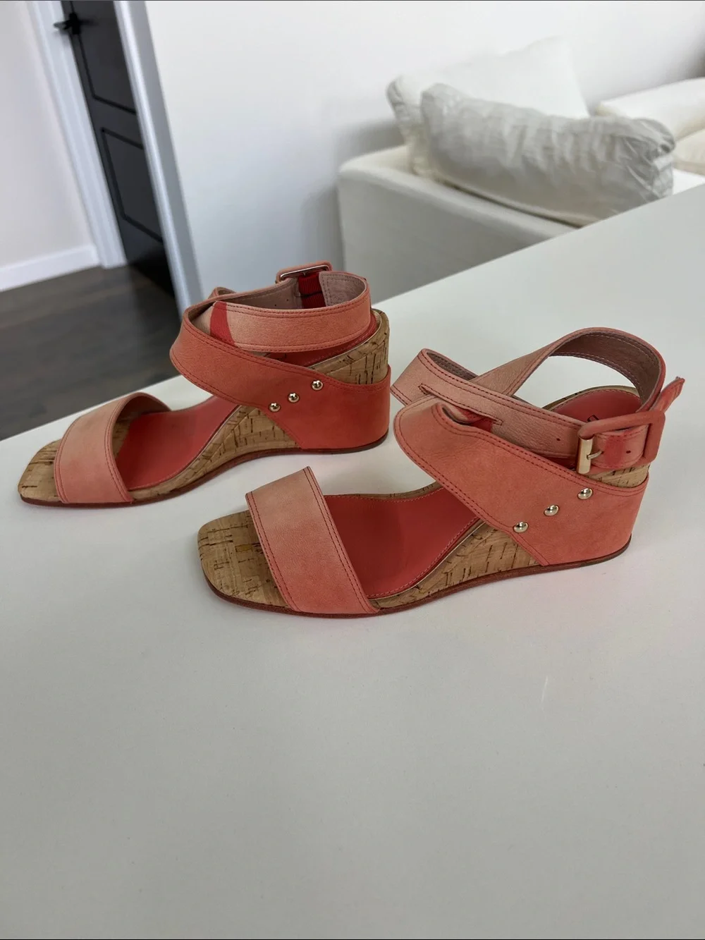 Donald Pliner bellville coral suede leather cork wedge open toe sandals heels 8